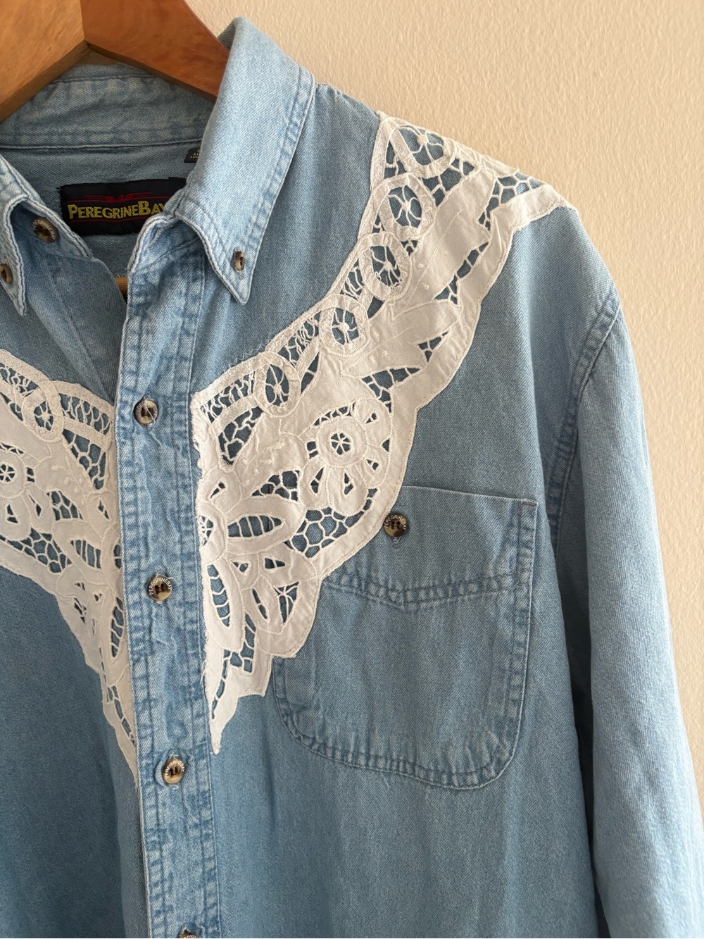 Vintage Peregrine Bay Light Blue Denim Button-Down Shirt with White Lace Yoke